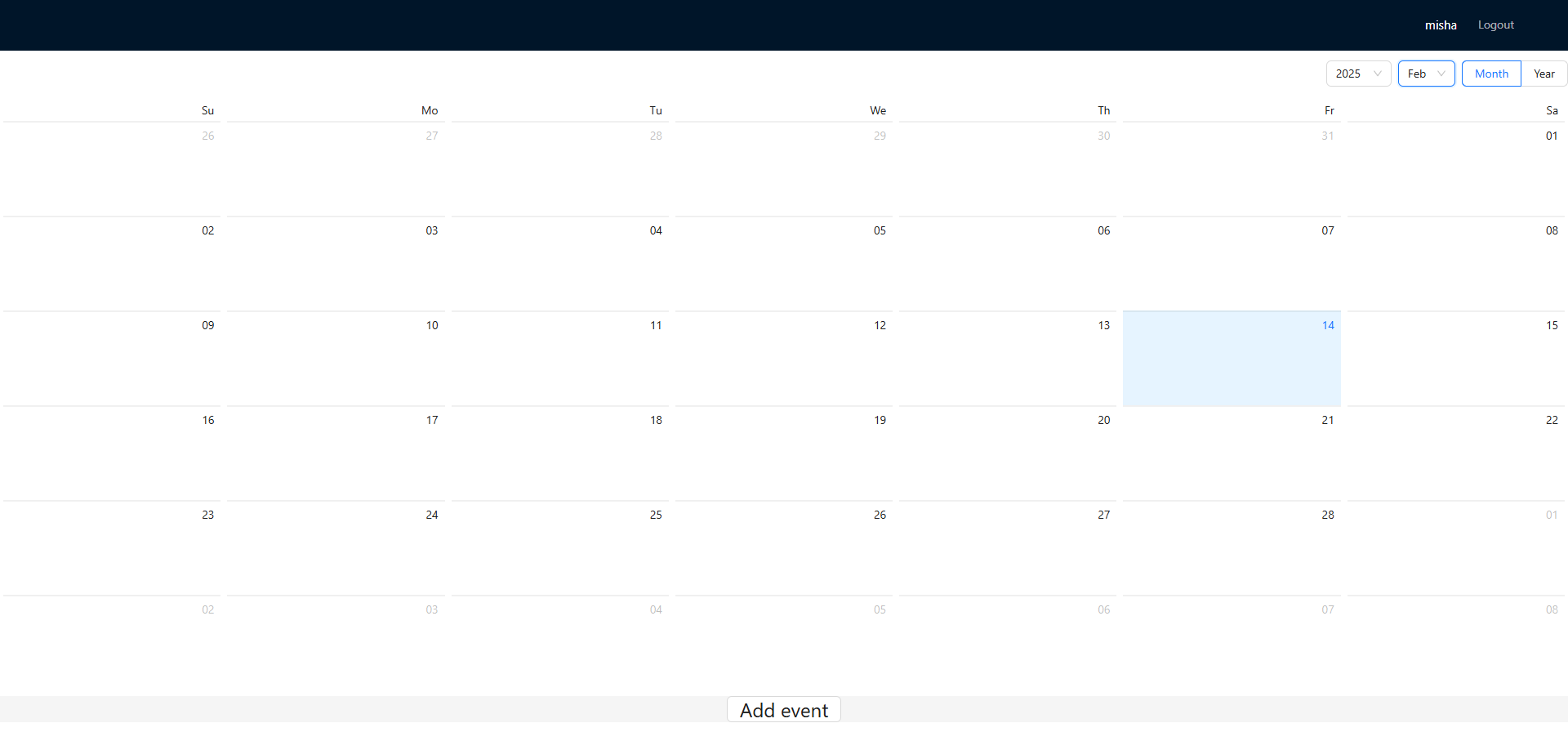 Screenshot of the 'Calendar' web application, showing a grid of events.