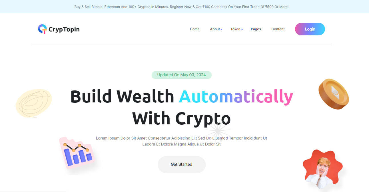 Screenshot of the 'Cryptopin' website, displaying a list of cryptocurrencies with their prices.